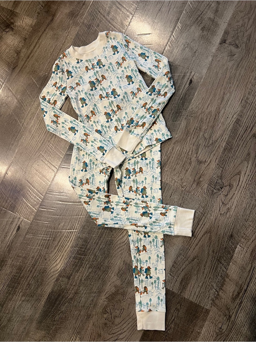 L.L. Bean Kids Cream Pajama Set with Teal and Brown Forest Print - Picture 4 of 5
